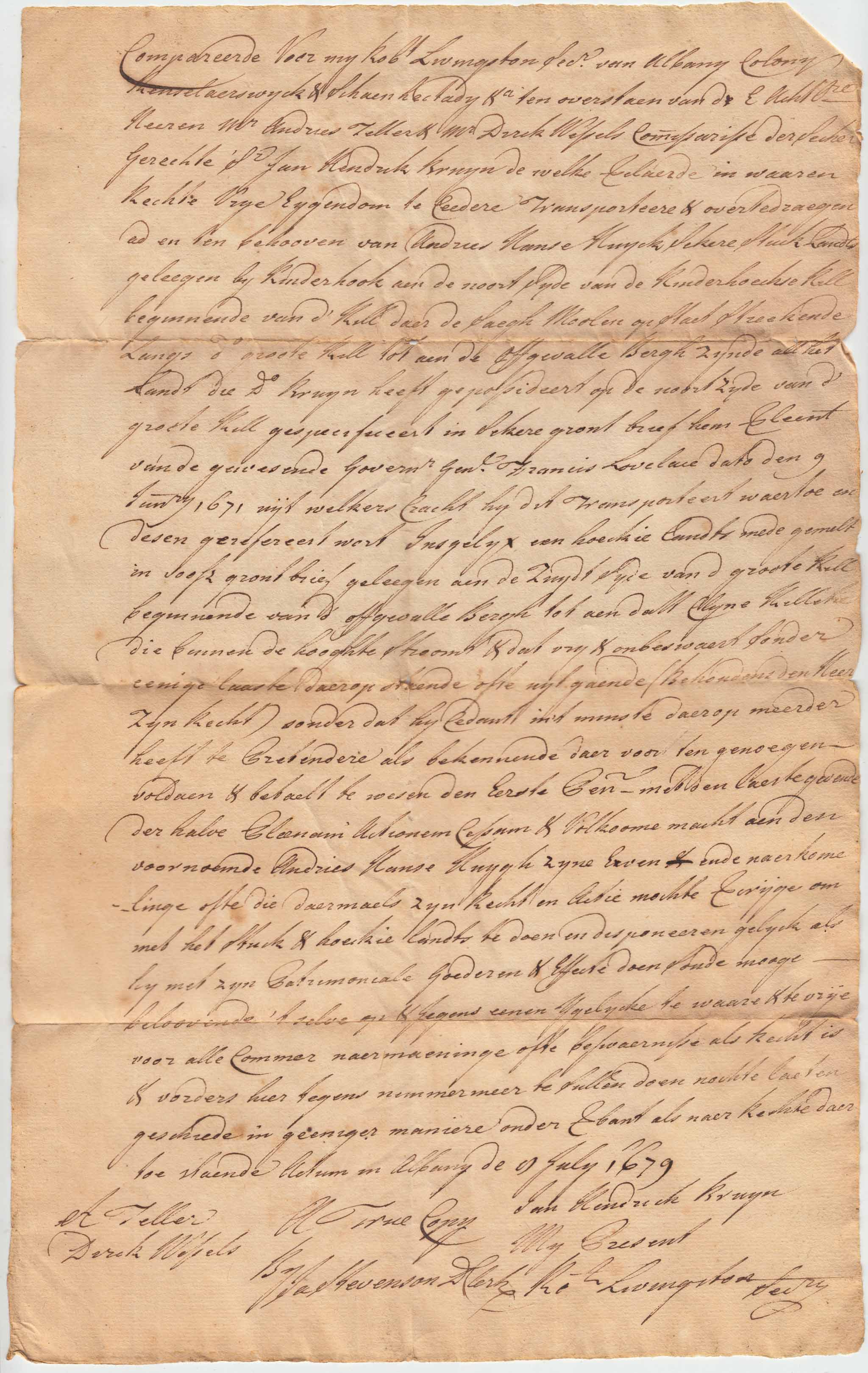 BH016 1739-06-20? A True Copy of the 1679-07-09 Deed from Jan Hendrik Bruyn to Andres Hanse Huyck